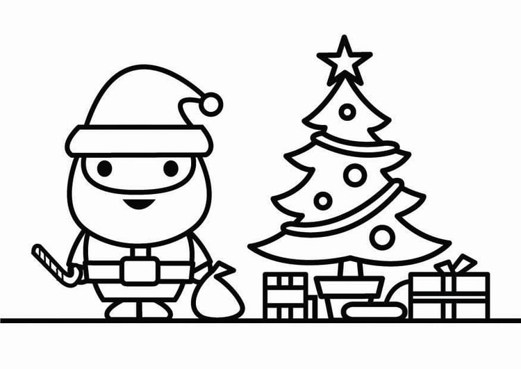 Coloring page Santa Claus with christmas tree