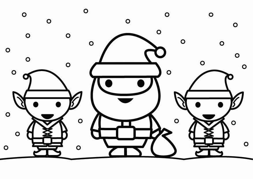 Coloring page Santa Claus with elves