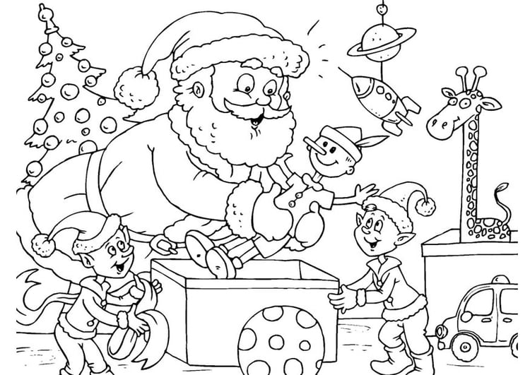 Coloring page Santa Claus with elves