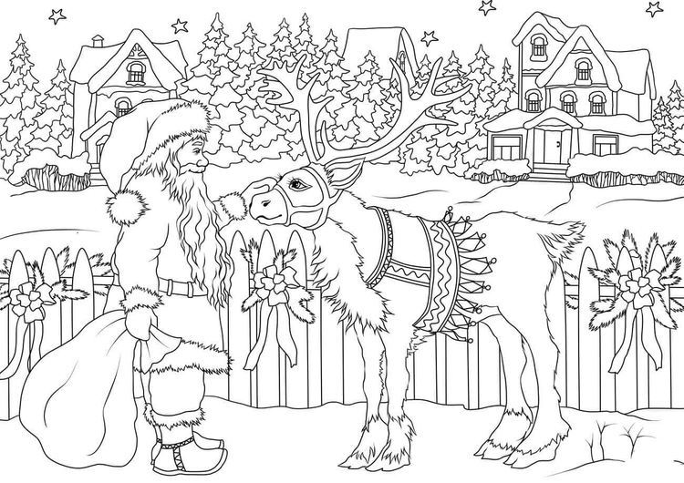 Coloring page Santa with reindeer