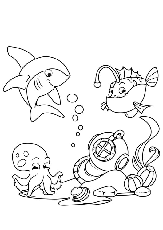 Coloring page shark with monkfish and squid in the sea