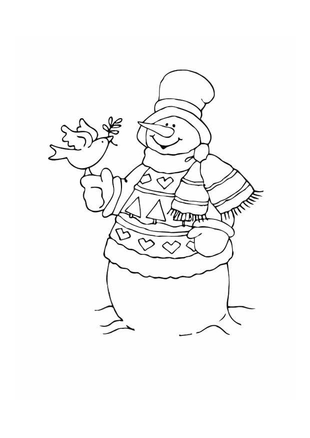 Coloring page snowman with bird