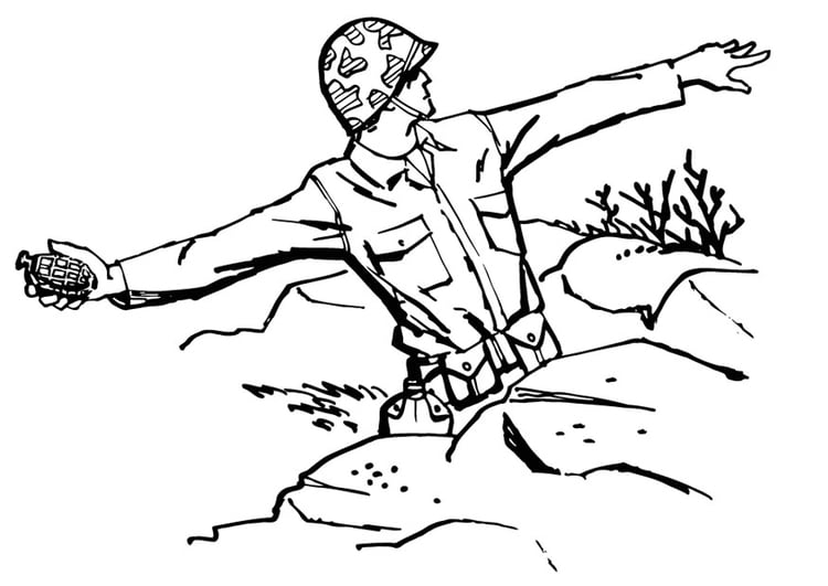 Coloring page soldier throws grenade