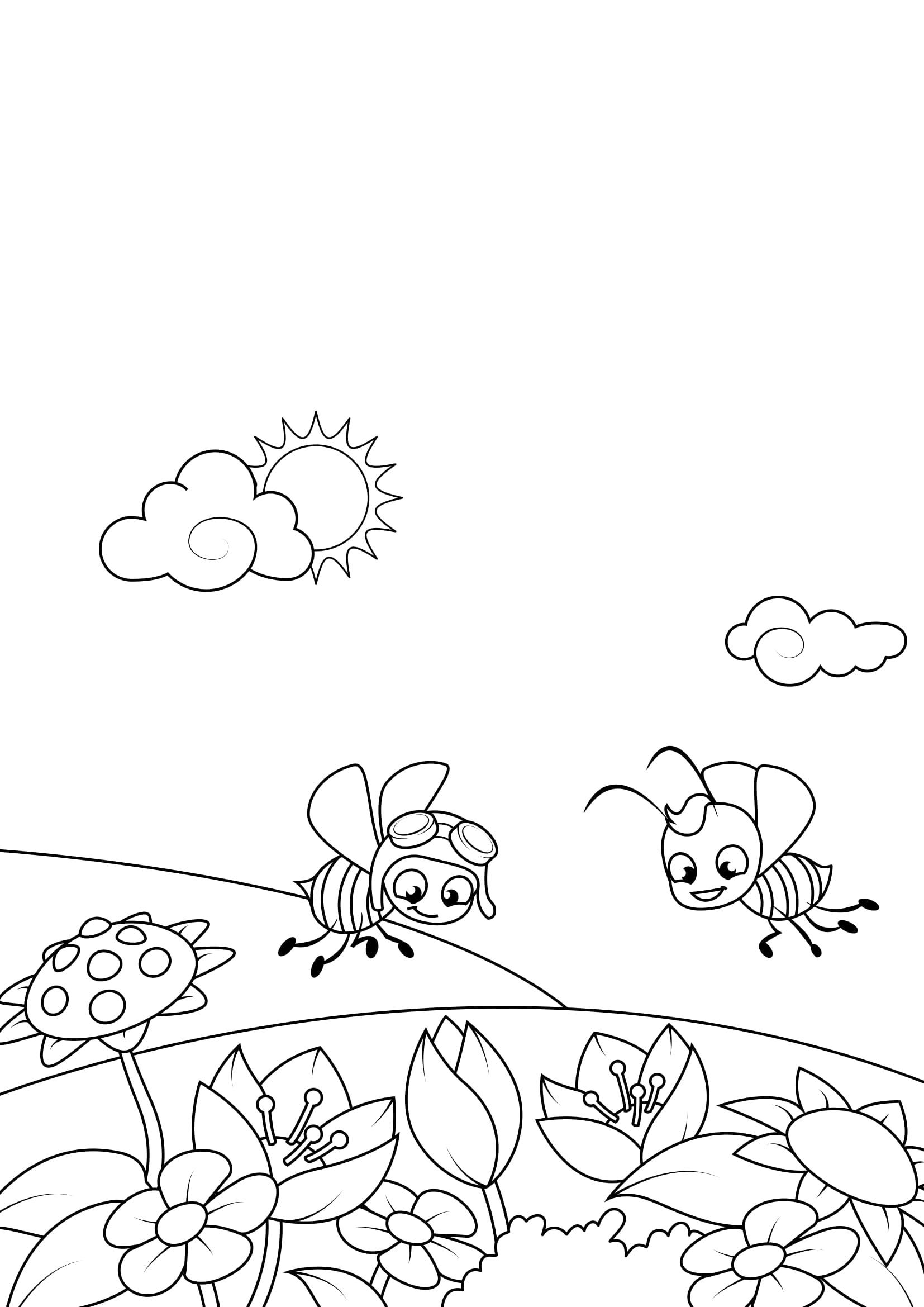Coloring page spring, bees in the garden