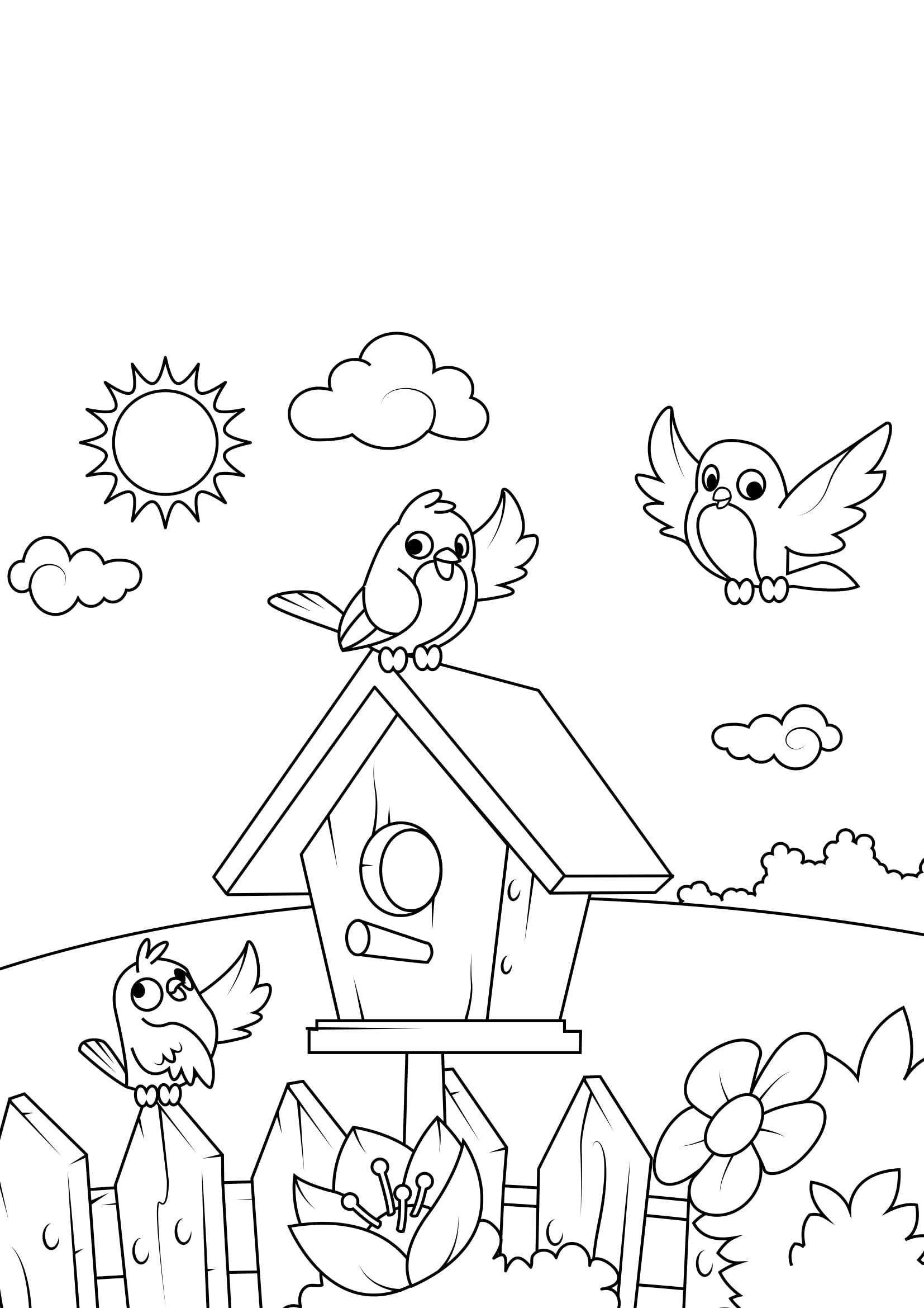 Coloring page spring, birdhouse