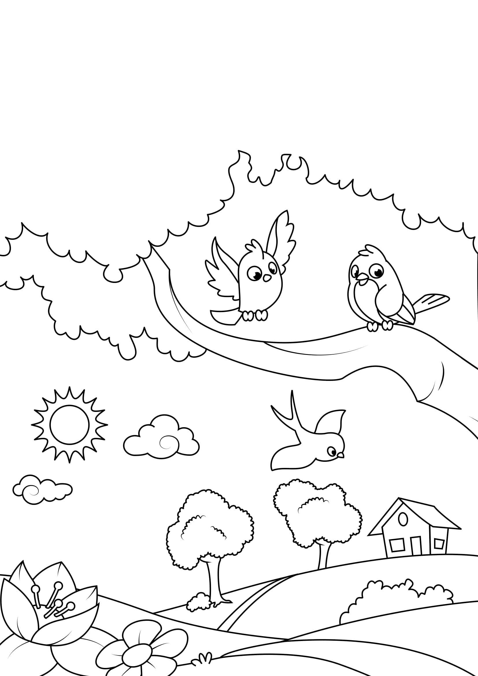 Coloring page spring, birds in the garden