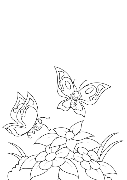 Coloring page spring, butterflies by the flowers