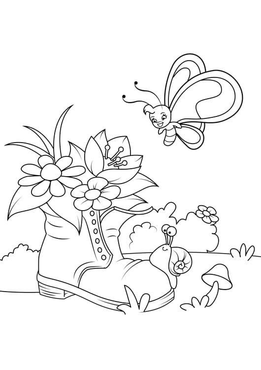 Coloring page spring, butterfly in the garden