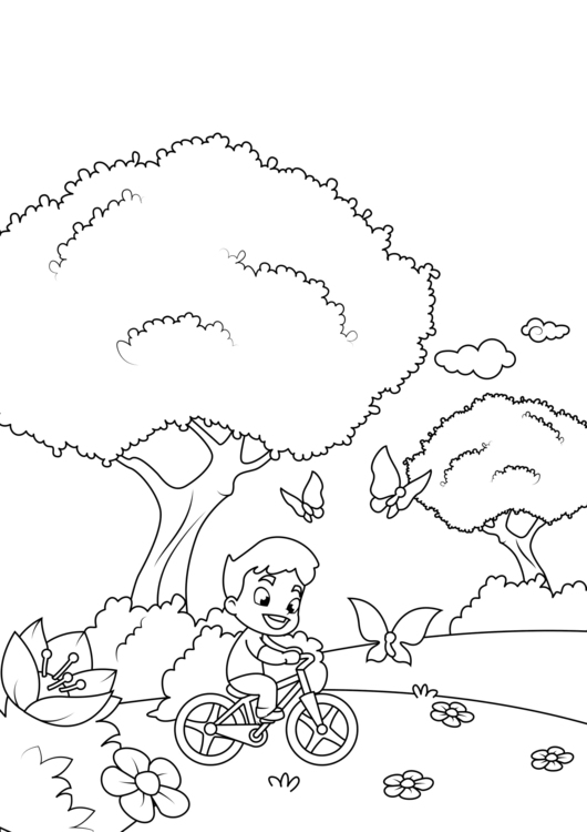 Coloring page spring, cycling in the garden