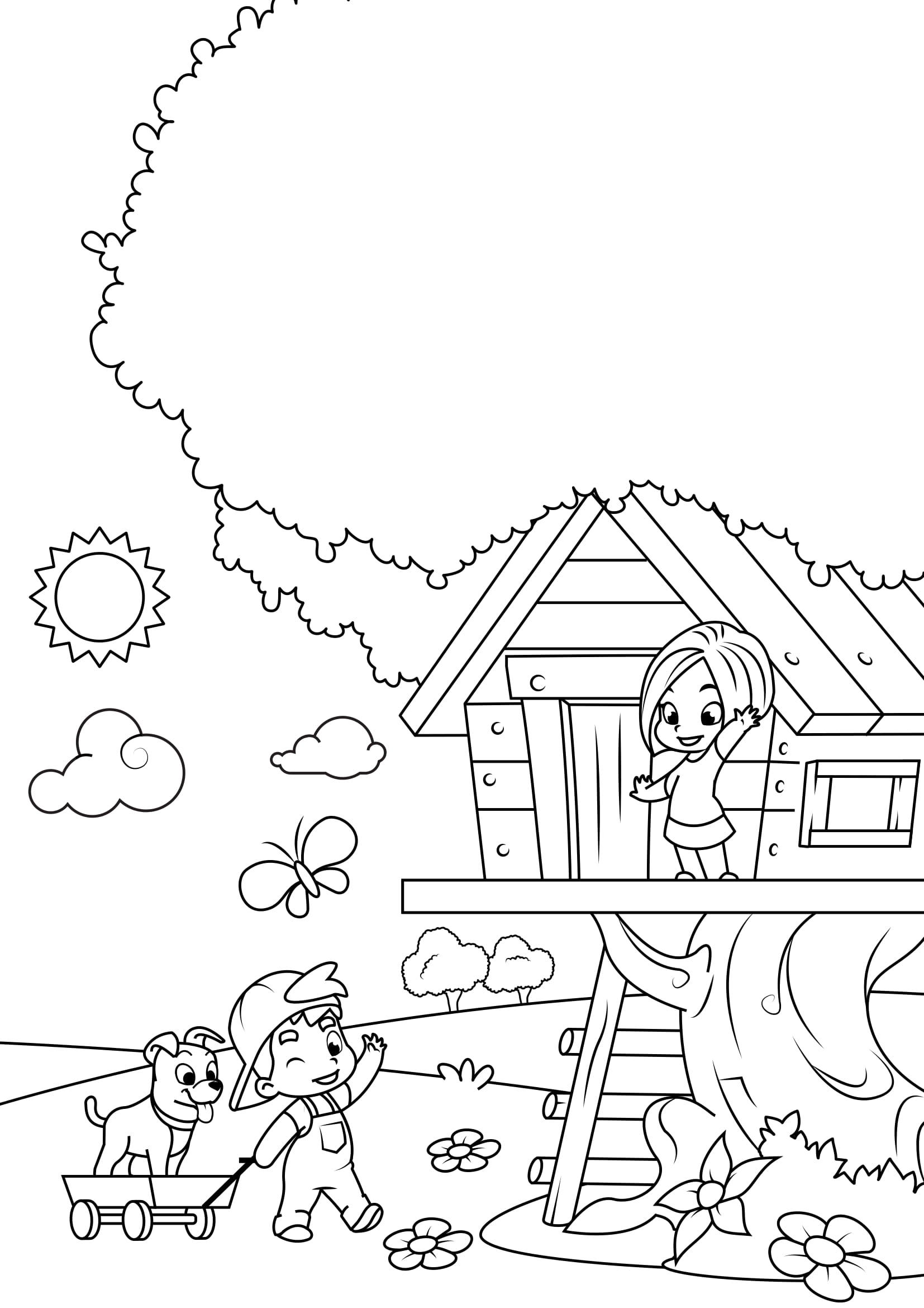 Coloring page spring - playing in the tree house