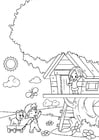 Coloring page spring - playing in the tree house