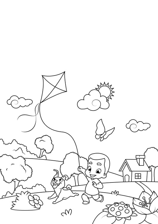 Coloring page spring, playing outside