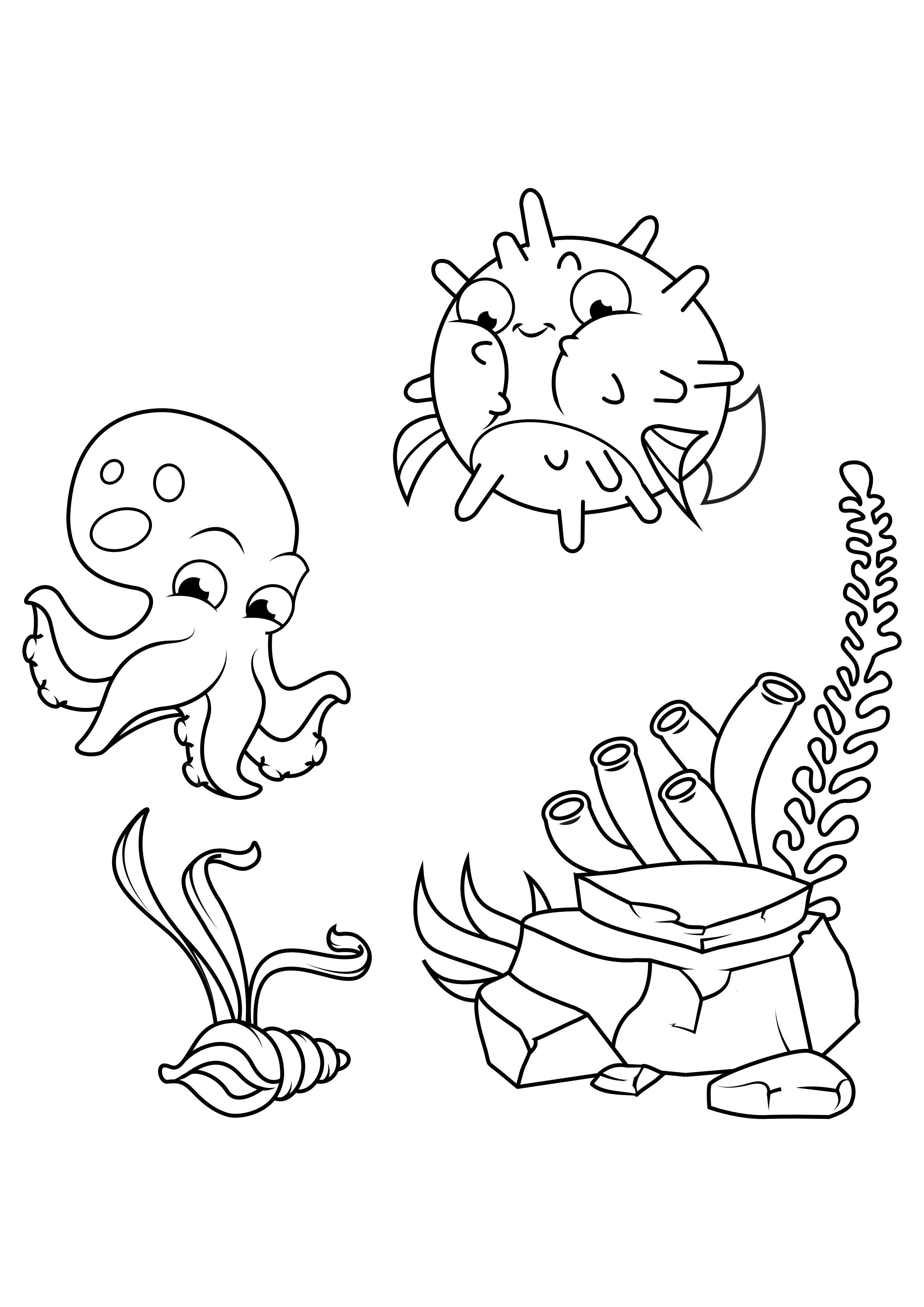Coloring page squid and puffer fish swim around