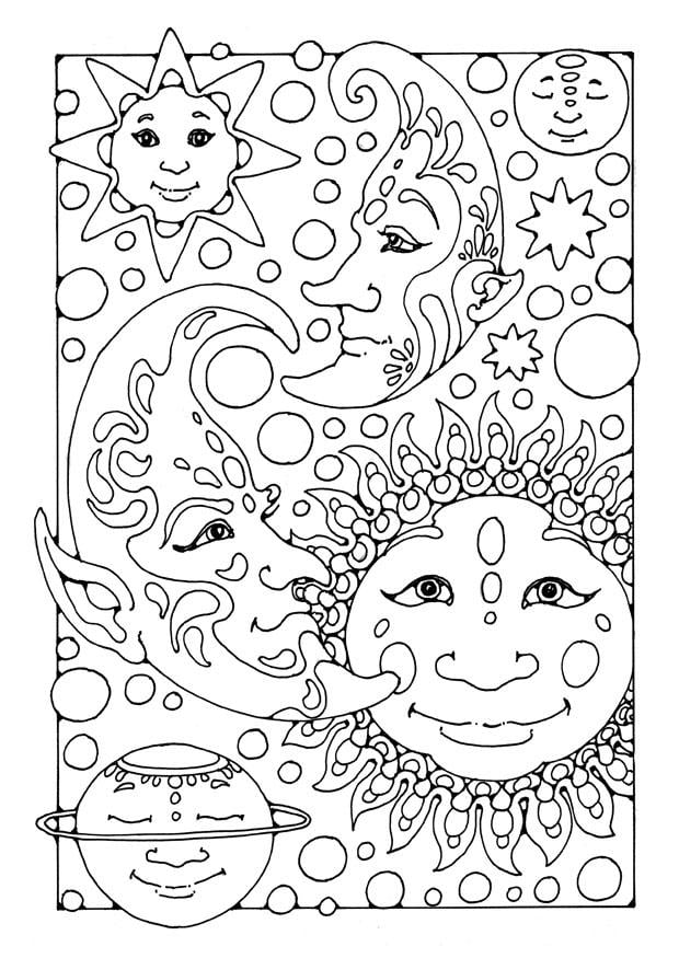 Coloring page sun, moon and stars