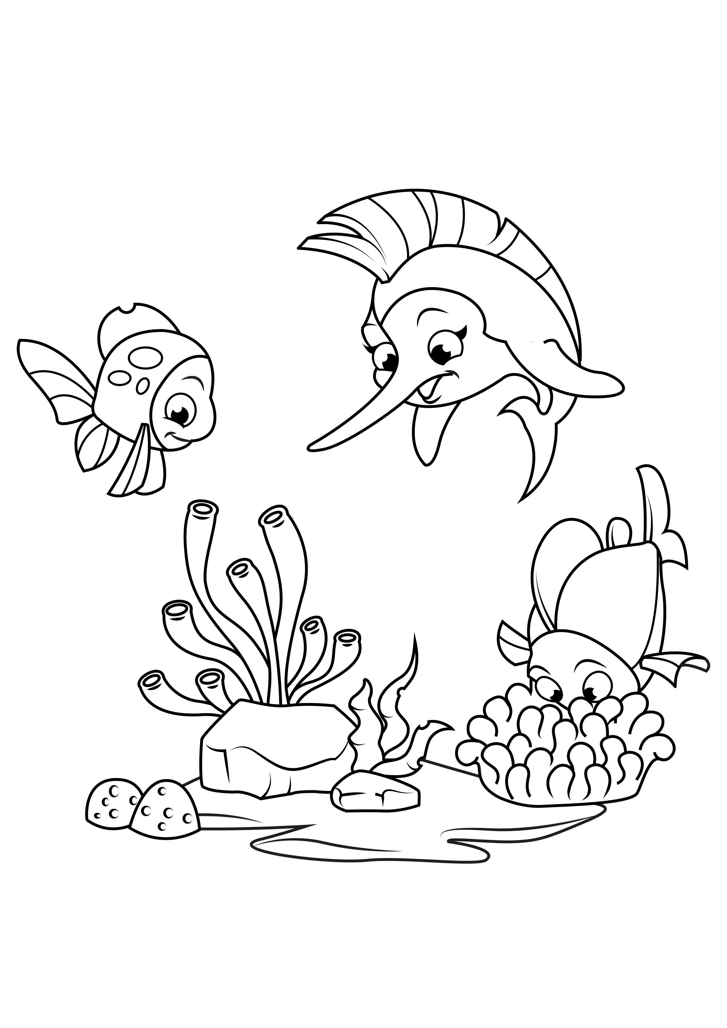 Coloring page swordfish plays with fish