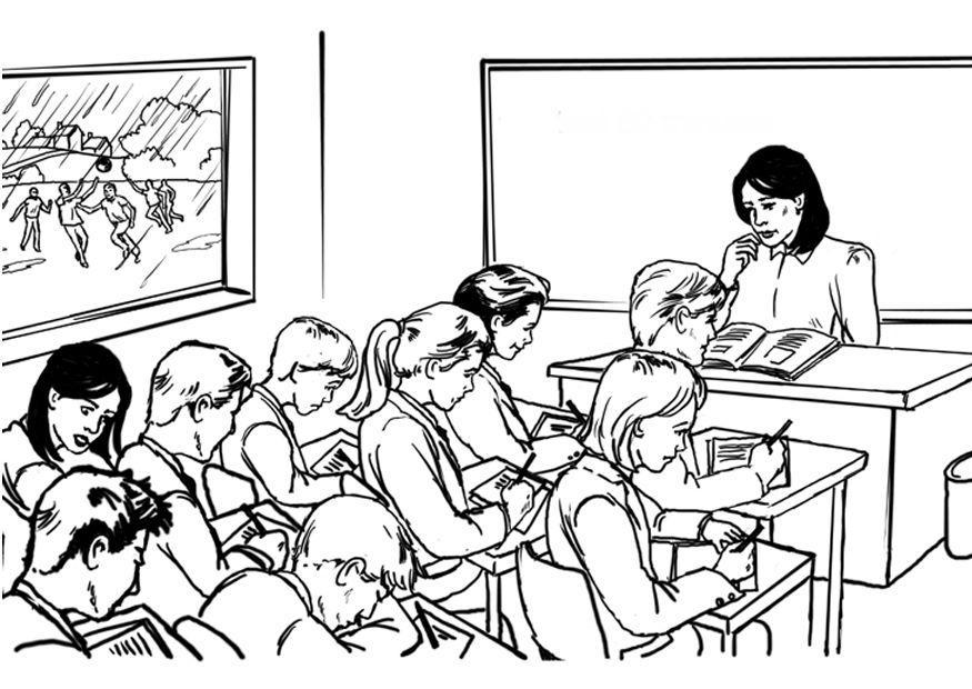 Coloring page teacher in classroom