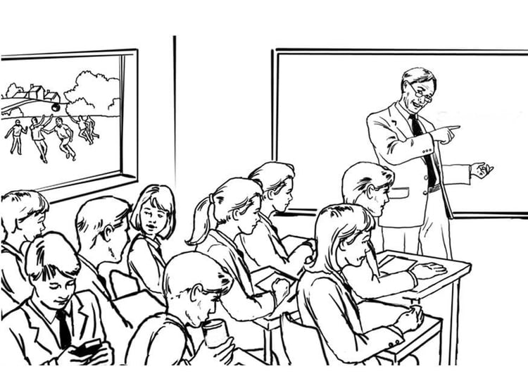 Coloring page teacher in classroom