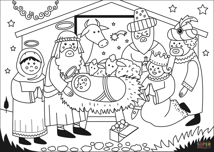 Coloring page the three wise men with Jesus