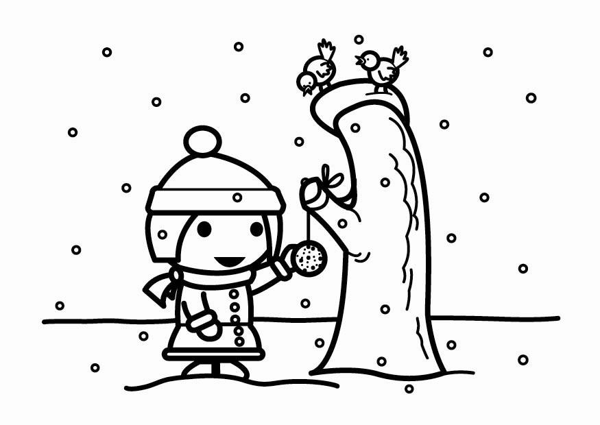 Coloring page to feed birds in the snow (fat ball)