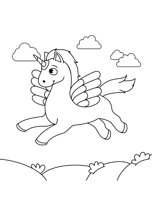 Coloring page unicorn flies in the sky