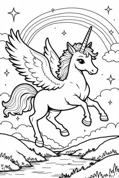 unicorn flying through the sky with rainbow