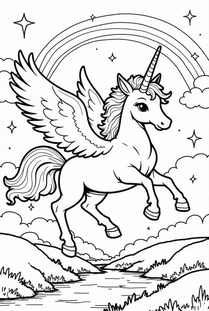 unicorn flying through the sky with rainbow