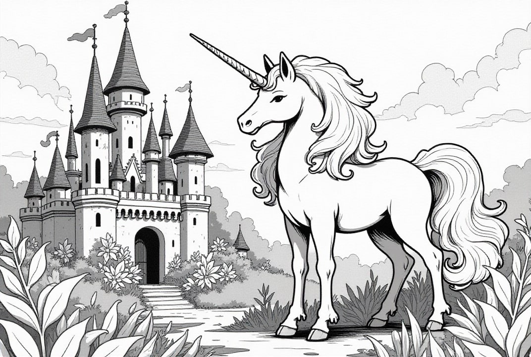 Coloring page Unicorn for castle