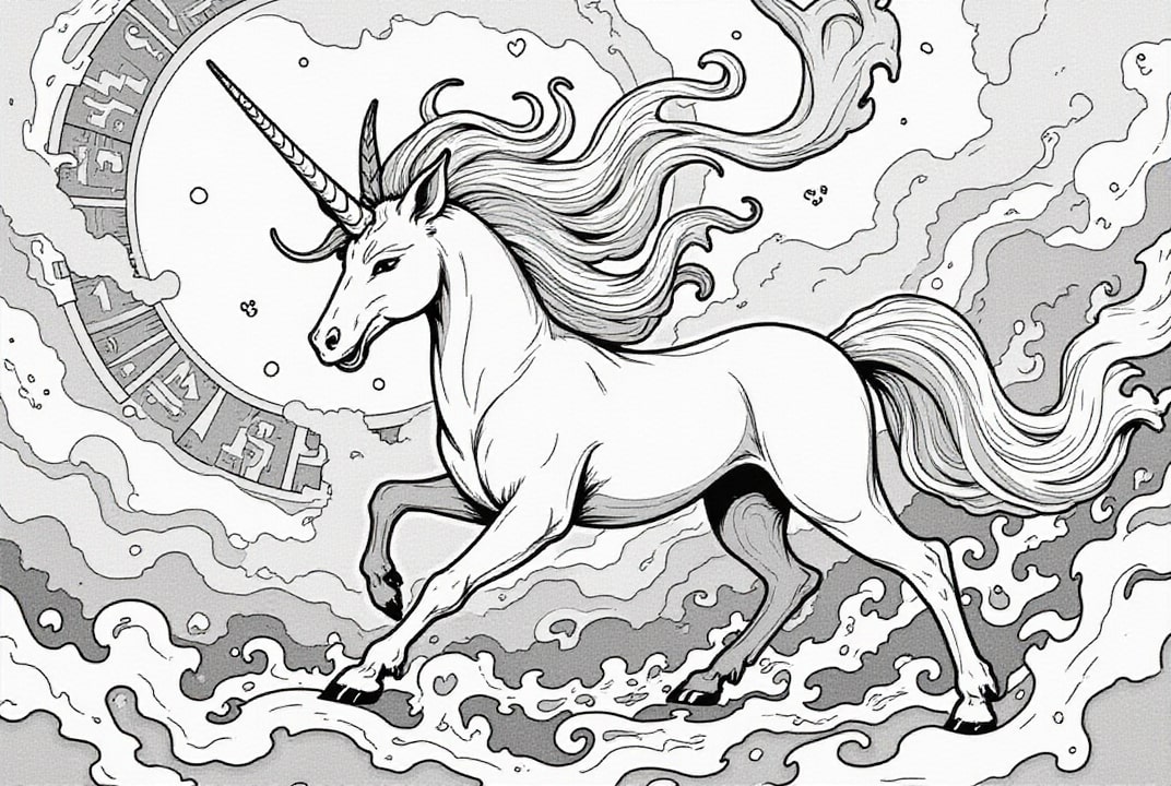 Coloring page unicorn in clouds of magic
