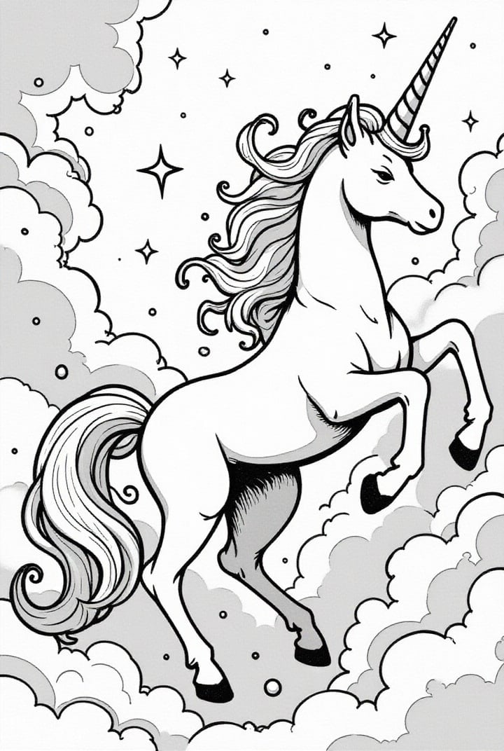Coloring page unicorn in the clouds
