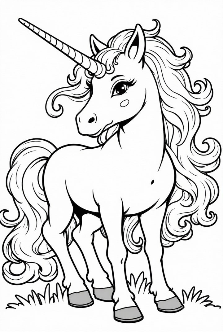 Coloring page unicorn in the meadow