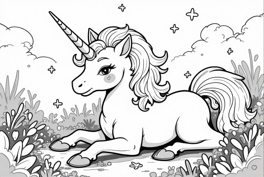 unicorn resting in the meadow