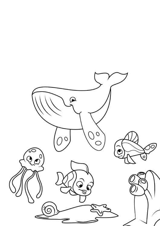 Coloring page whale octopus and fish