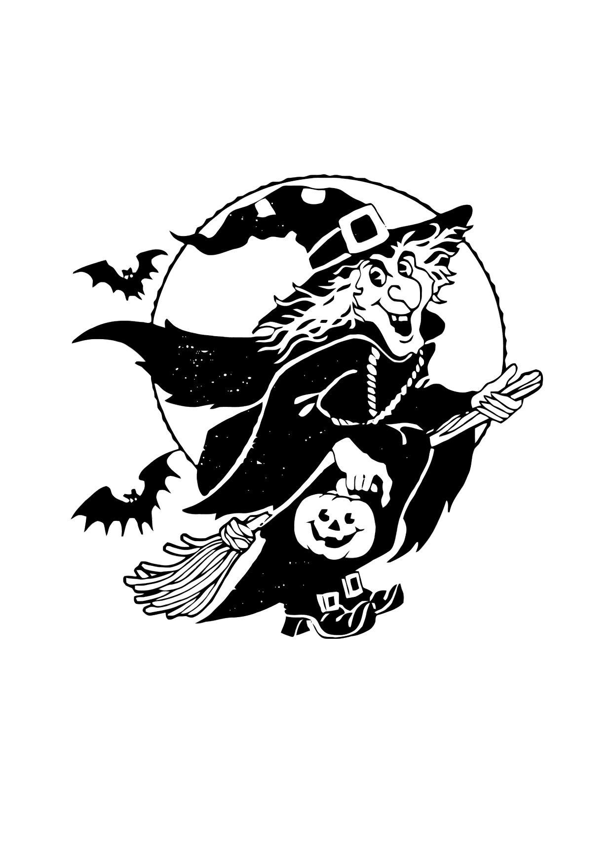 Coloring page witch on a broomstick