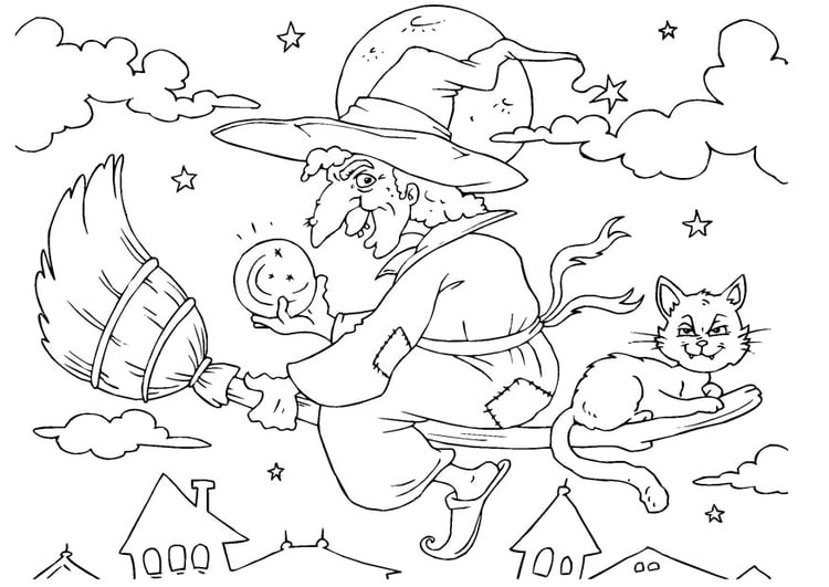 Coloring page witch on broom