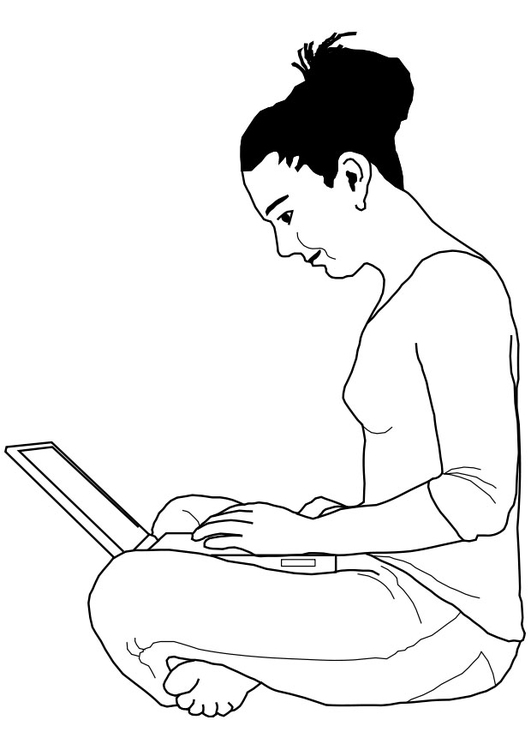 Coloring page woman working on laptop