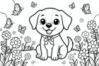 Coloring page cute dog in the garden