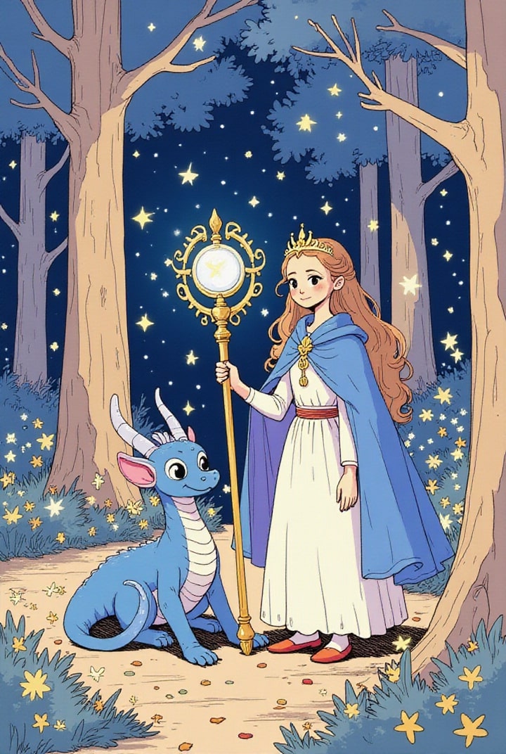 princess in magical forest with dragon