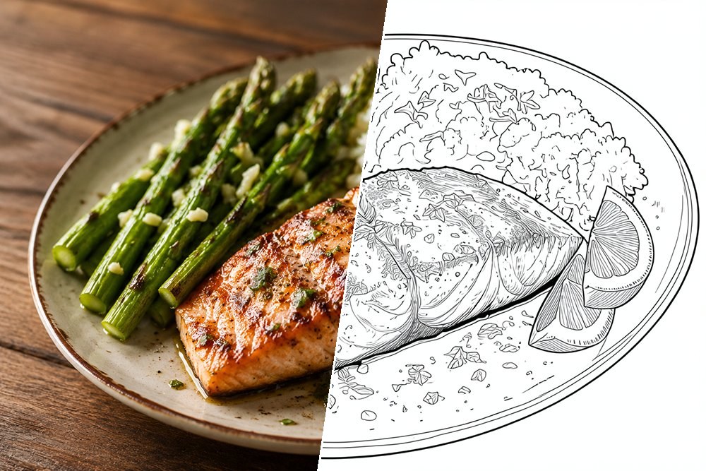 Photo of a meal turned into a coloring page