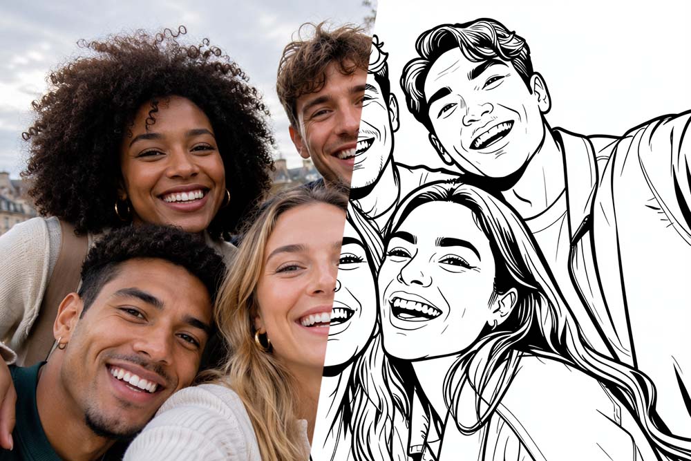 Group photo with friends turned into a coloring page