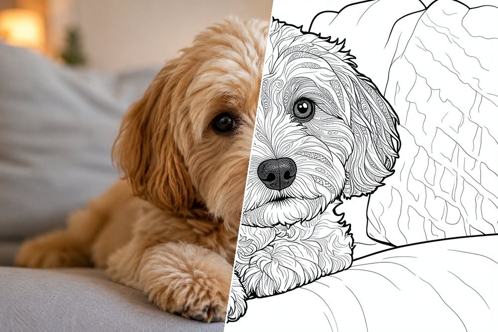 Photo of a dog turned into a coloring page