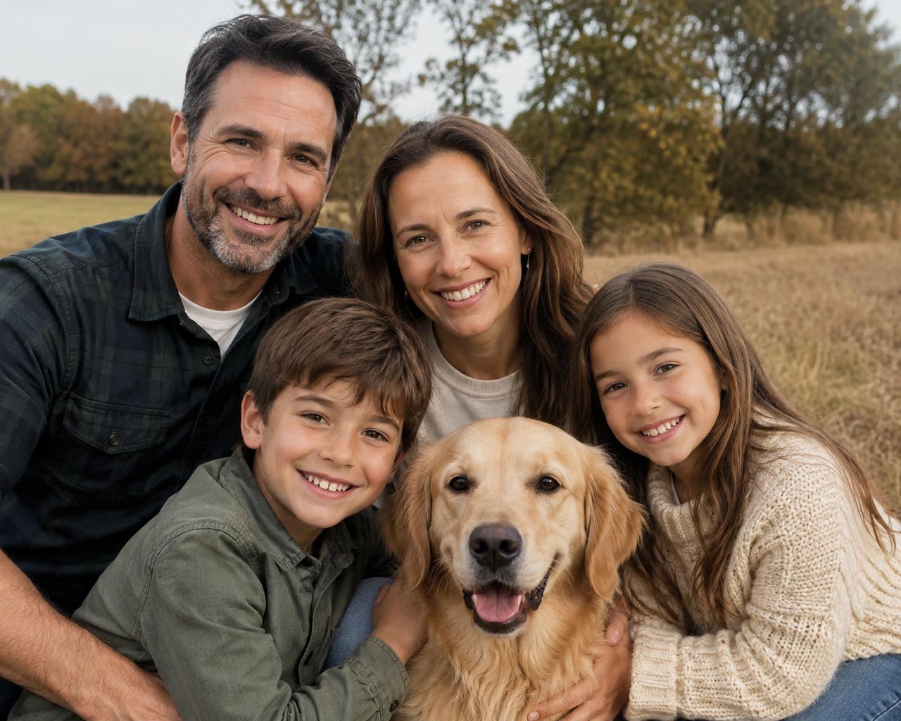Original color photo of a family with a dog