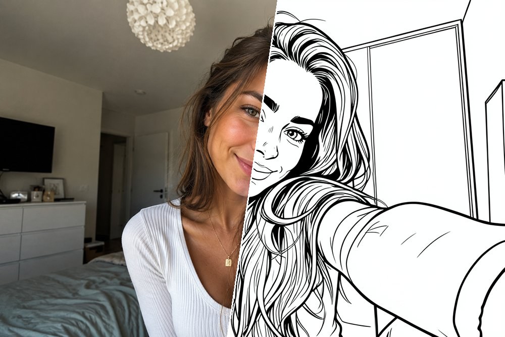 Selfie turned into a coloring page