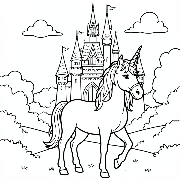 Unicorn and castle coloring page