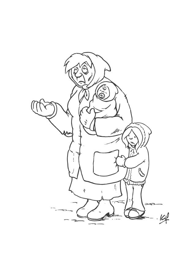 Coloring page beggar with child