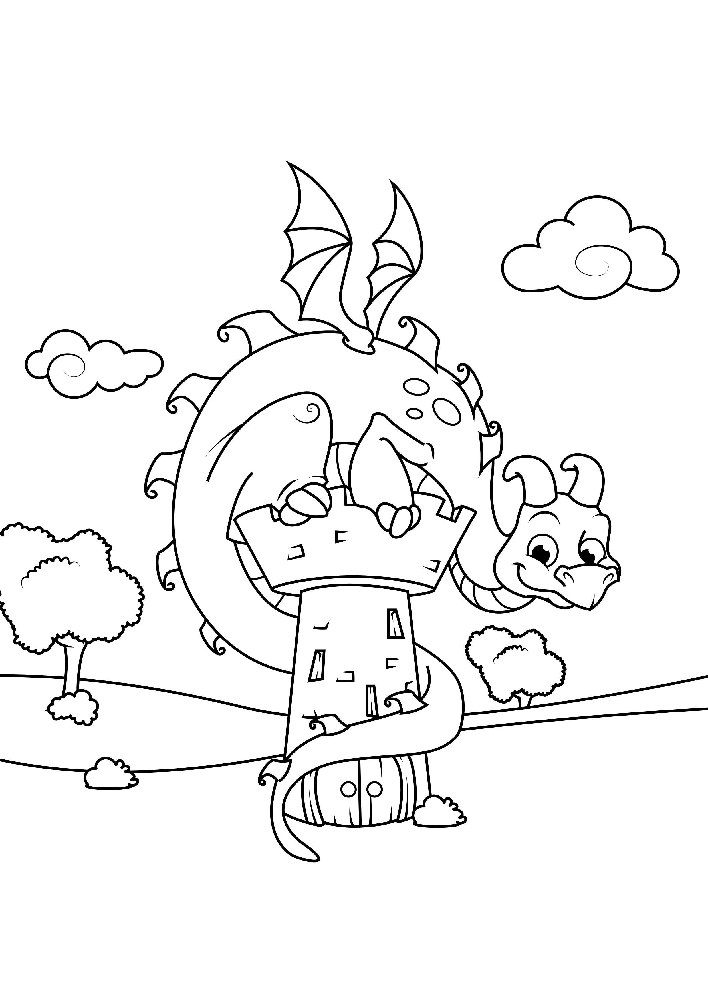 Coloring page dragon on tower