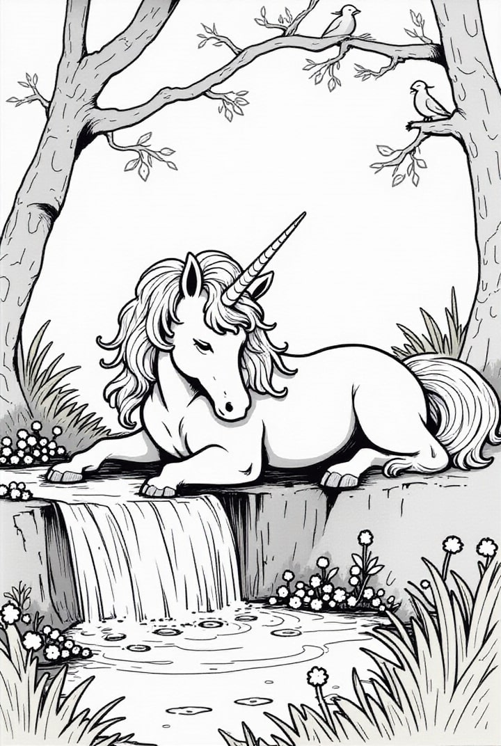unicorn resting by the river Coloring page unicorn resting by the river