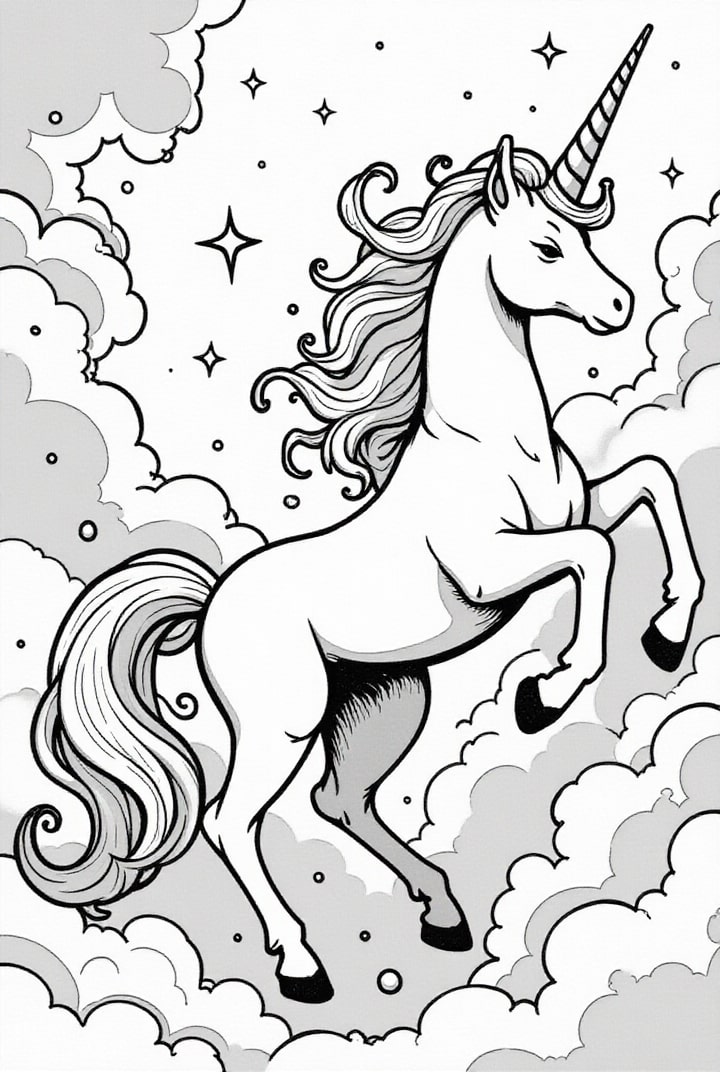 Coloring page unicorn in the clouds