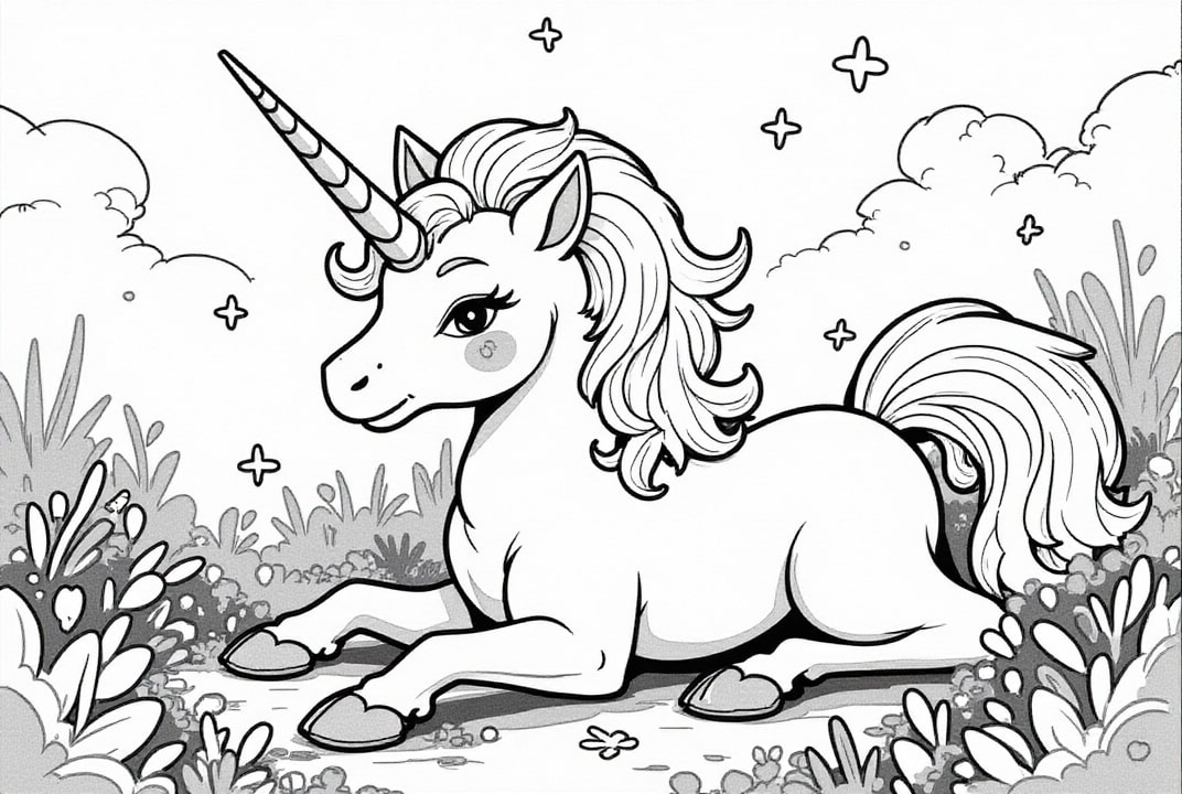 Coloring page unicorn resting in the meadow