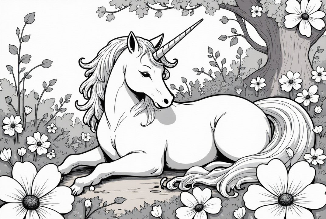 unicorn resting in the forest Coloring page unicorn resting in the forest