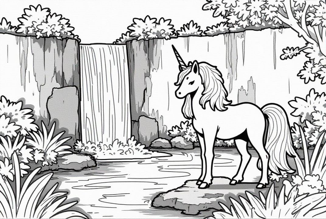 Coloring page unicorn at the waterfall